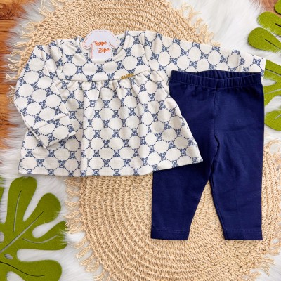 Conj. Batinha Manga Longa Ursinhos e Calça Legging - Areia e Azul Marinho